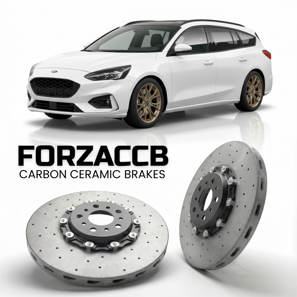 ForzaCCB direct OEM replacement carbon ceramic brake rotors for 2022+) Ford Focus IV Wagon (facelift 2022 models, shown with a white Ford Focus car.