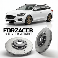ForzaCCB direct OEM replacement carbon ceramic brake rotors for 2022+) Ford Focus IV Wagon (facelift 2022 models, shown with a white Ford Focus car.