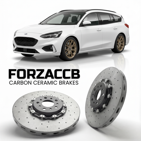 ForzaCCB direct OEM replacement carbon ceramic brake rotors for 2022+) Ford Focus IV Wagon (facelift 2022 models, shown with a white Ford Focus car.