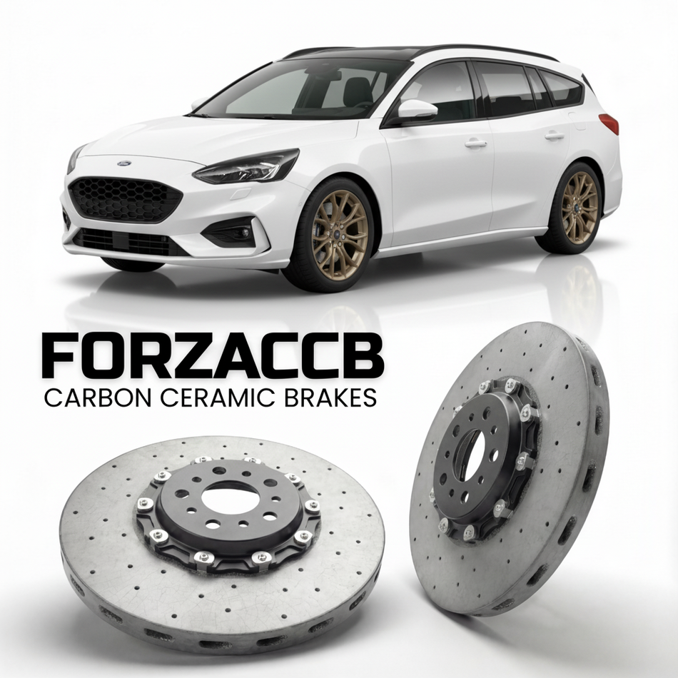 ForzaCCB direct OEM replacement carbon ceramic brake rotors for 2022+) Ford Focus IV Wagon (facelift 2022 models, shown with a white Ford Focus car.