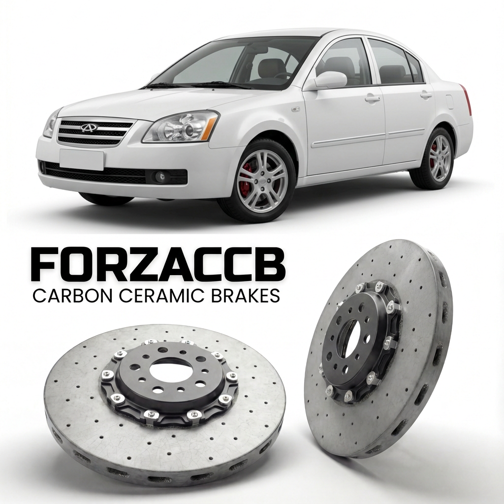 ForzaCCB direct OEM replacement carbon ceramic brake rotors for 2006 to 2010 Chery Fora A21 models, shown with a white Chery Fora car.
