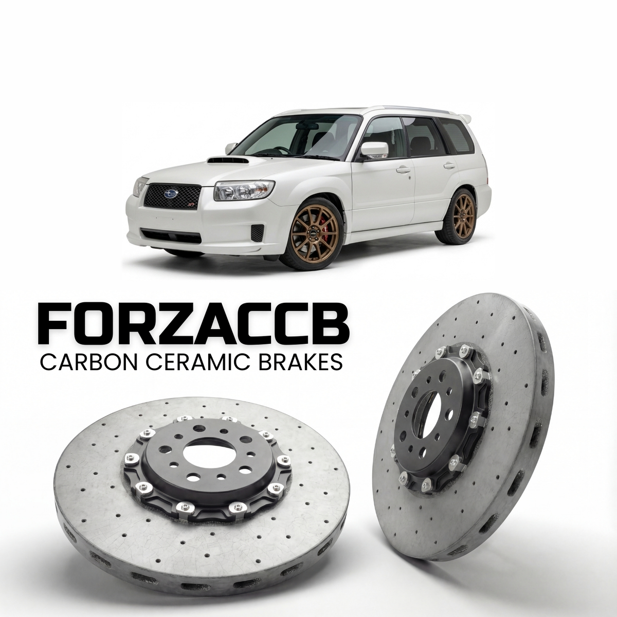 ForzaCCB direct OEM replacement carbon ceramic brake rotors for 2002 to 2018 Subaru Forester XT models, shown with a white Subaru Forester XT car.