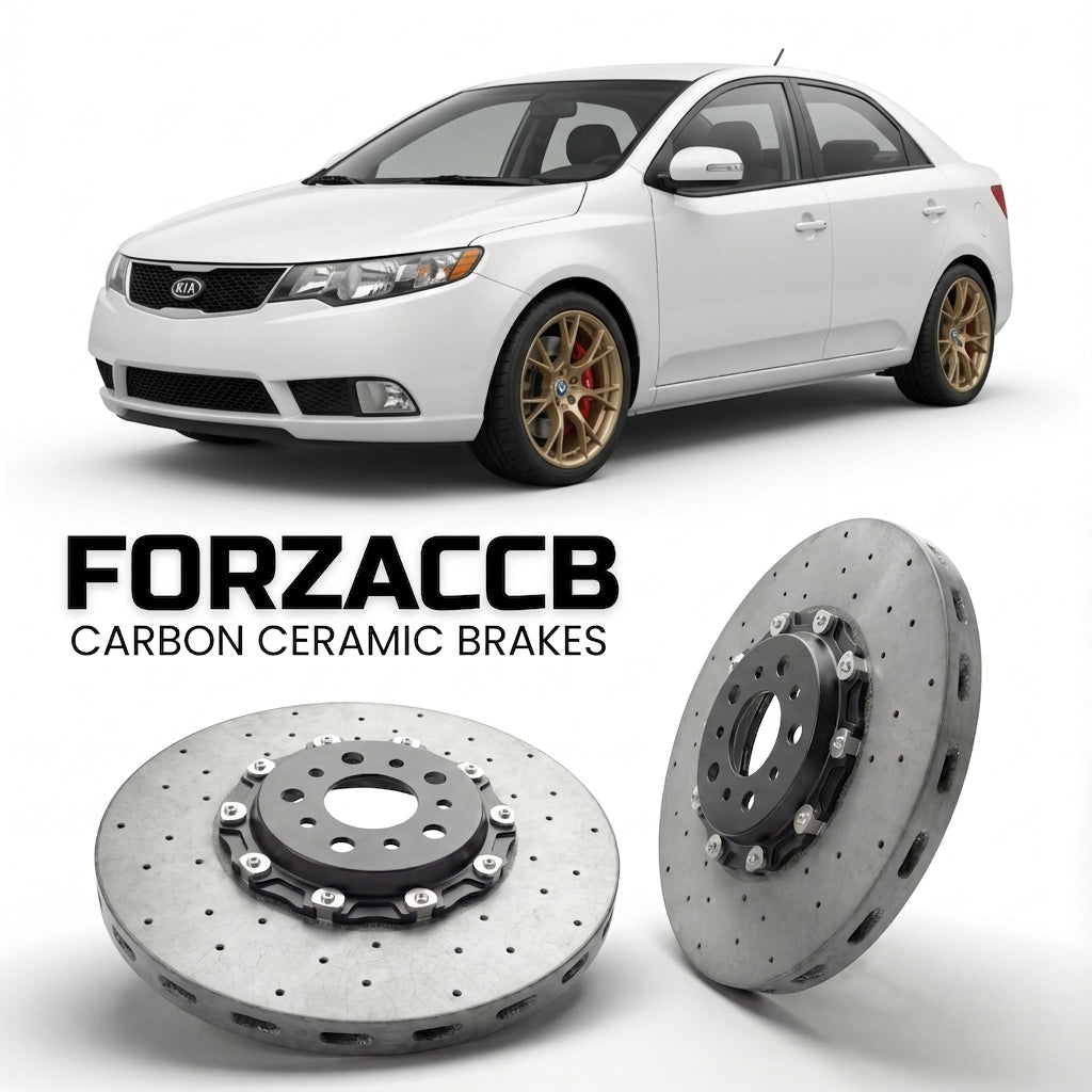 ForzaCCB direct OEM replacement carbon ceramic brake rotors for 2009-2012) Kia Forte I (TD models, shown with a white Kia Forte car.