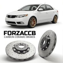 ForzaCCB direct OEM replacement carbon ceramic brake rotors for 2009-2012) Kia Forte I (TD models, shown with a white Kia Forte car.