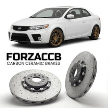 ForzaCCB direct OEM replacement carbon ceramic brake rotors for 2009 to 2013 Kia Forte I Koup models, shown with a white Kia Forte car.