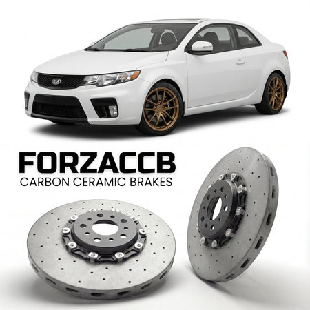 ForzaCCB direct OEM replacement carbon ceramic brake rotors for 2009 to 2013 Kia Forte I Koup models, shown with a white Kia Forte car.