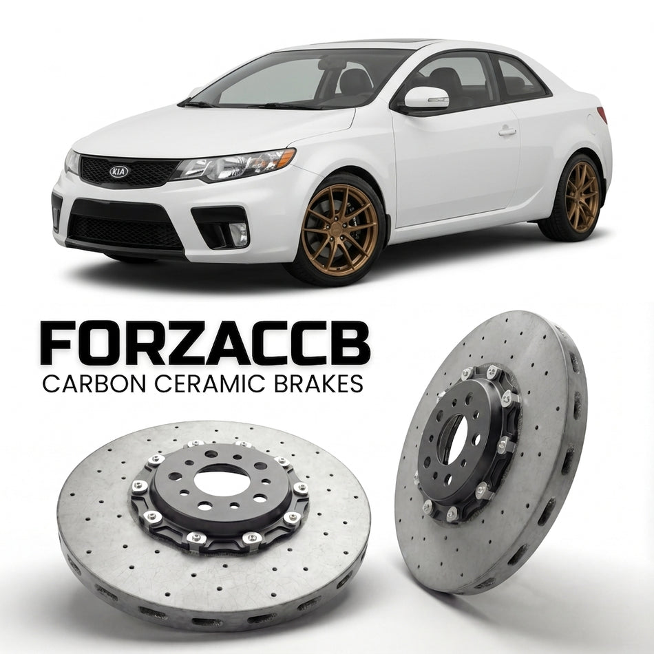 ForzaCCB direct OEM replacement carbon ceramic brake rotors for 2009 to 2013 Kia Forte I Koup models, shown with a white Kia Forte car.
