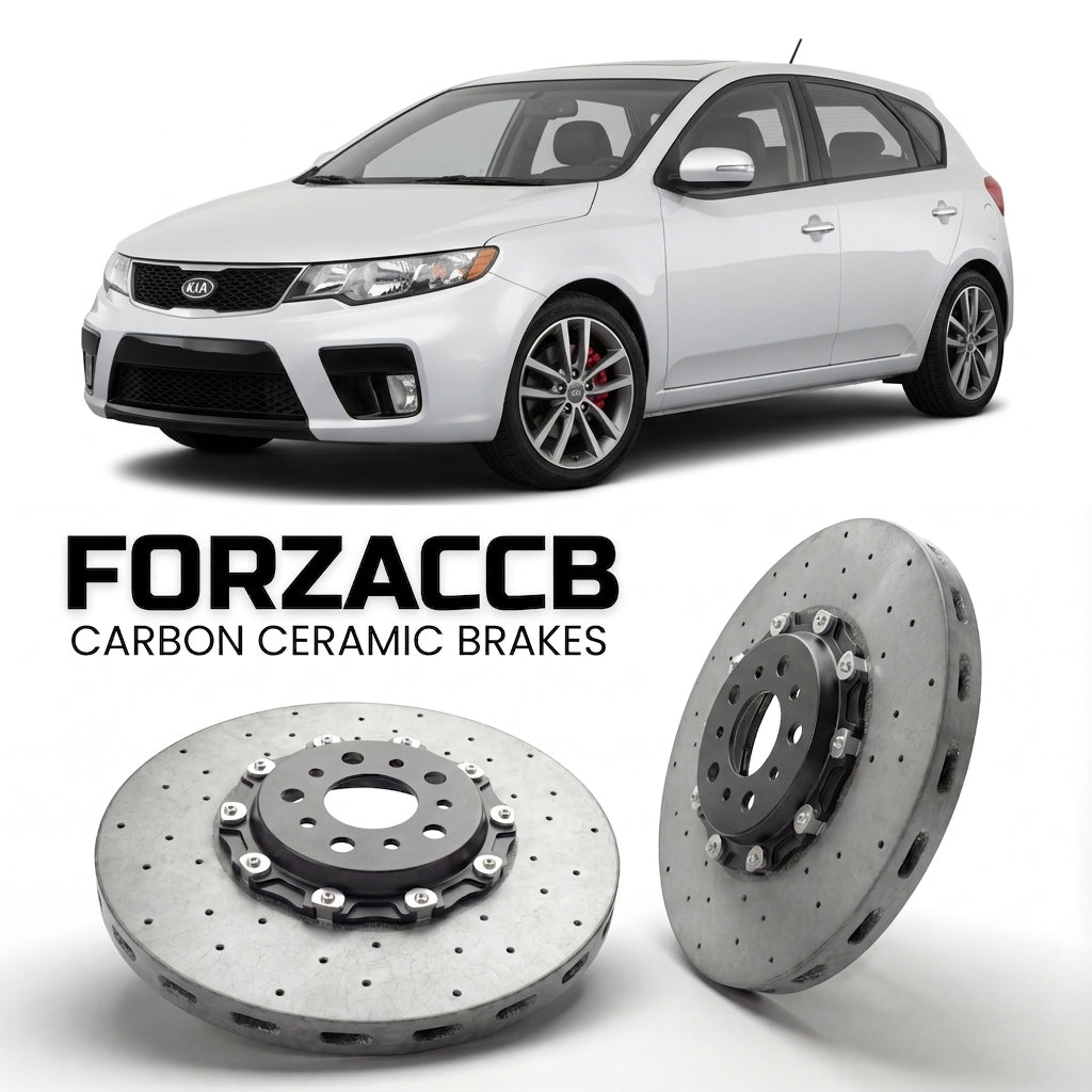 ForzaCCB direct OEM replacement carbon ceramic brake rotors for 2010-2013) Kia Forte Kia Forte5 I (TD models, shown with a white Kia Forte car.