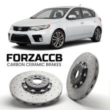 ForzaCCB direct OEM replacement carbon ceramic brake rotors for 2010-2013) Kia Forte Kia Forte5 I (TD models, shown with a white Kia Forte car.