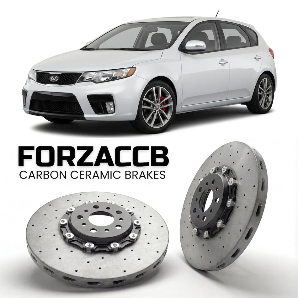 ForzaCCB direct OEM replacement carbon ceramic brake rotors for 2010-2013) Kia Forte Kia Forte5 I (TD models, shown with a white Kia Forte car.