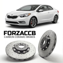 ForzaCCB direct OEM replacement carbon ceramic brake rotors for 2013 to 2016 Kia Forte II Koup models, shown with a white Kia Forte car.