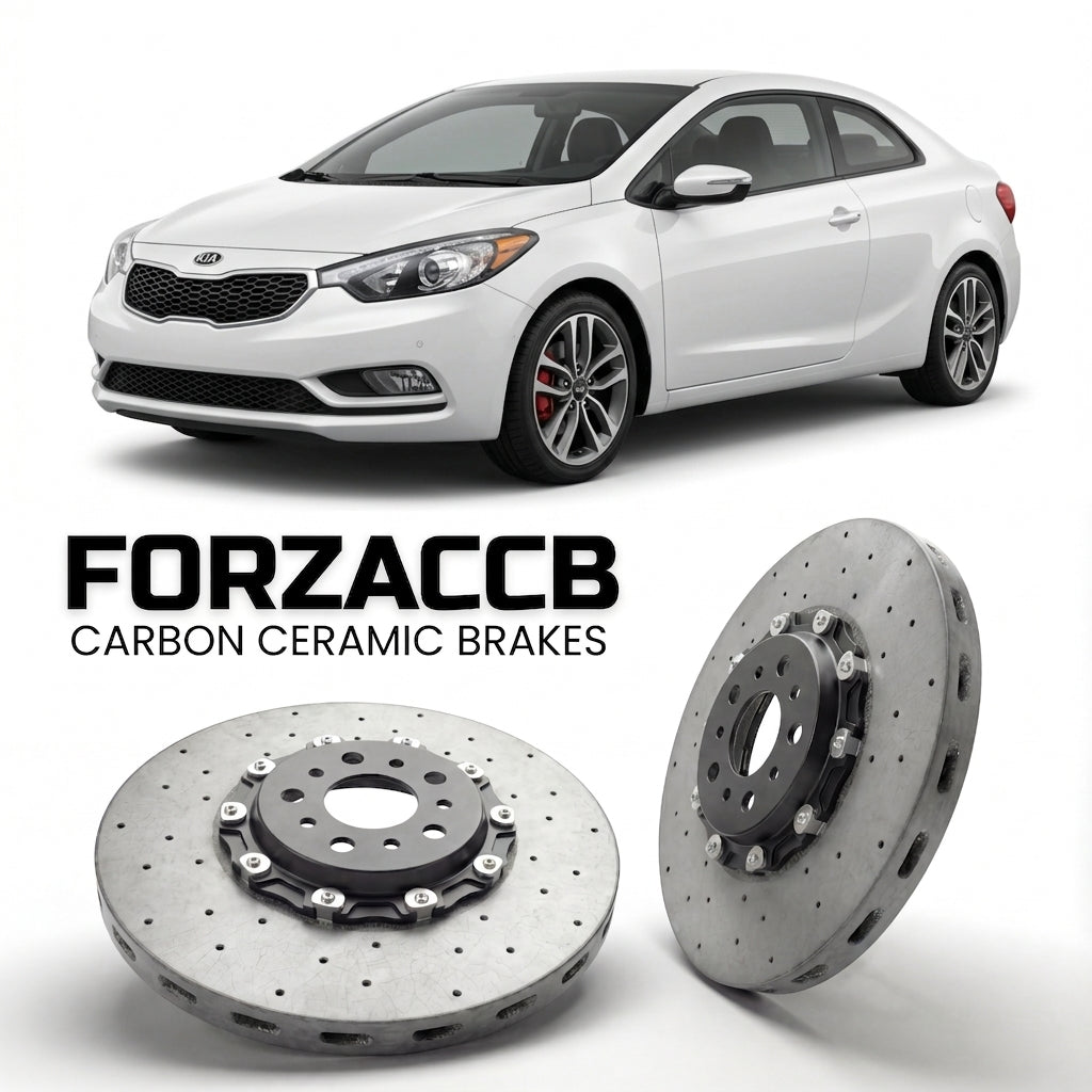 ForzaCCB direct OEM replacement carbon ceramic brake rotors for 2013 to 2016 Kia Forte II Koup models, shown with a white Kia Forte car.
