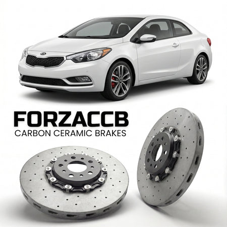 ForzaCCB direct OEM replacement carbon ceramic brake rotors for 2013 to 2016 Kia Forte II Koup models, shown with a white Kia Forte car.