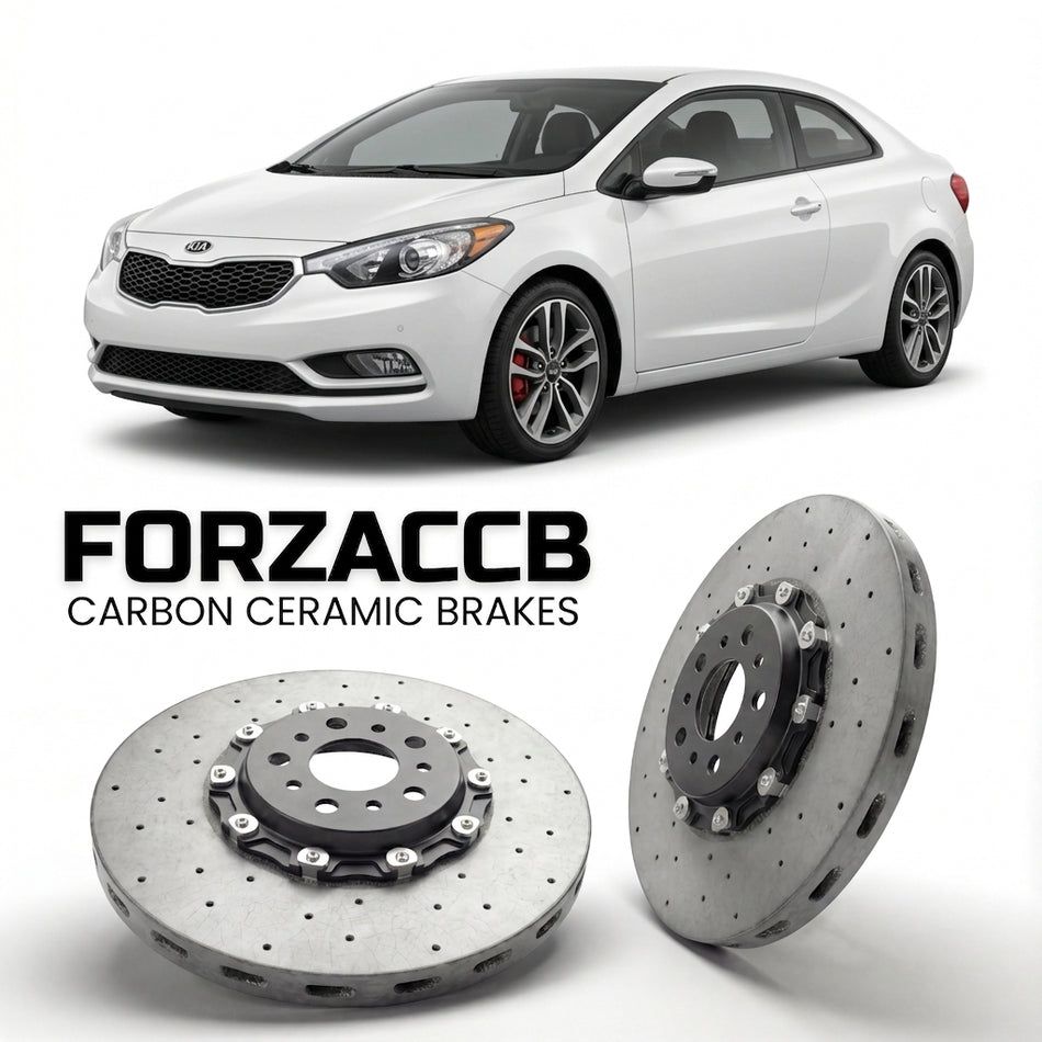ForzaCCB direct OEM replacement carbon ceramic brake rotors for 2013 to 2016 Kia Forte II Koup models, shown with a white Kia Forte car.