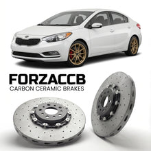ForzaCCB direct OEM replacement carbon ceramic brake rotors for 2013-2016) Kia Forte II (YD models, shown with a white Kia Forte car.