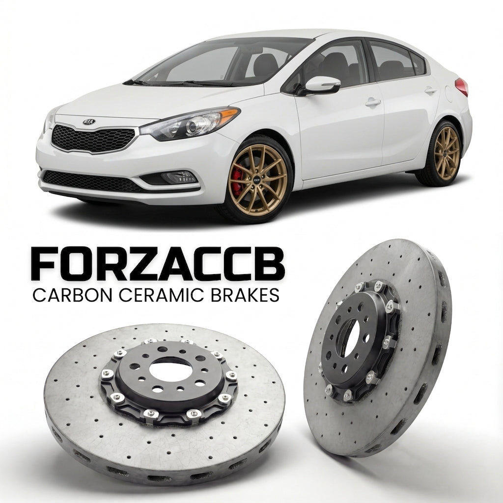 ForzaCCB direct OEM replacement carbon ceramic brake rotors for 2013-2016) Kia Forte II (YD models, shown with a white Kia Forte car.