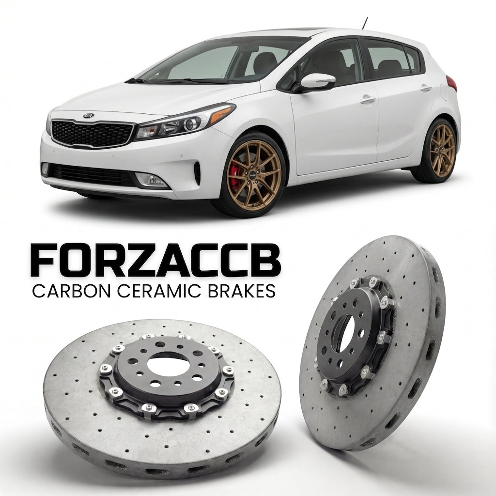 ForzaCCB direct OEM replacement carbon ceramic brake rotors for 2013-2016) Kia Forte Kia Forte5 II (YD models, shown with a white Kia Forte car.