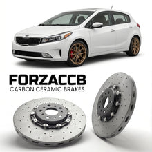 ForzaCCB direct OEM replacement carbon ceramic brake rotors for 2013-2016) Kia Forte Kia Forte5 II (YD models, shown with a white Kia Forte car.