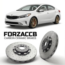 ForzaCCB direct OEM replacement carbon ceramic brake rotors for 2017-2018) Kia Forte II (facelift 2017 models, shown with a white Kia Forte car.