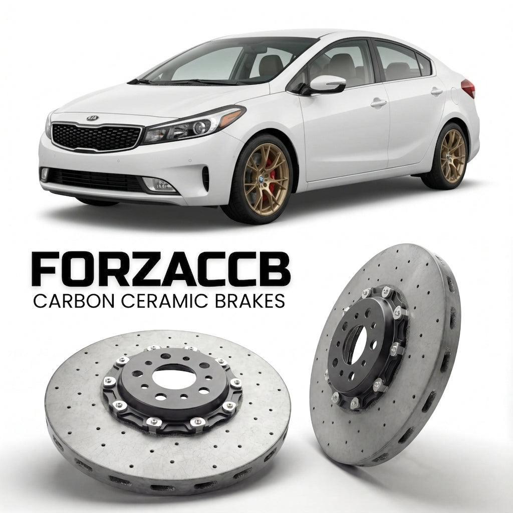 ForzaCCB direct OEM replacement carbon ceramic brake rotors for 2017-2018) Kia Forte II (facelift 2017 models, shown with a white Kia Forte car.