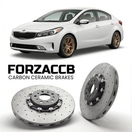 ForzaCCB direct OEM replacement carbon ceramic brake rotors for 2017-2018) Kia Forte II (facelift 2017 models, shown with a white Kia Forte car.