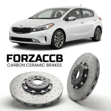 ForzaCCB direct OEM replacement carbon ceramic brake rotors for 2017-2018) Kia Forte Kia Forte5 II (facelift 2017 models, shown with a white Kia Forte car.