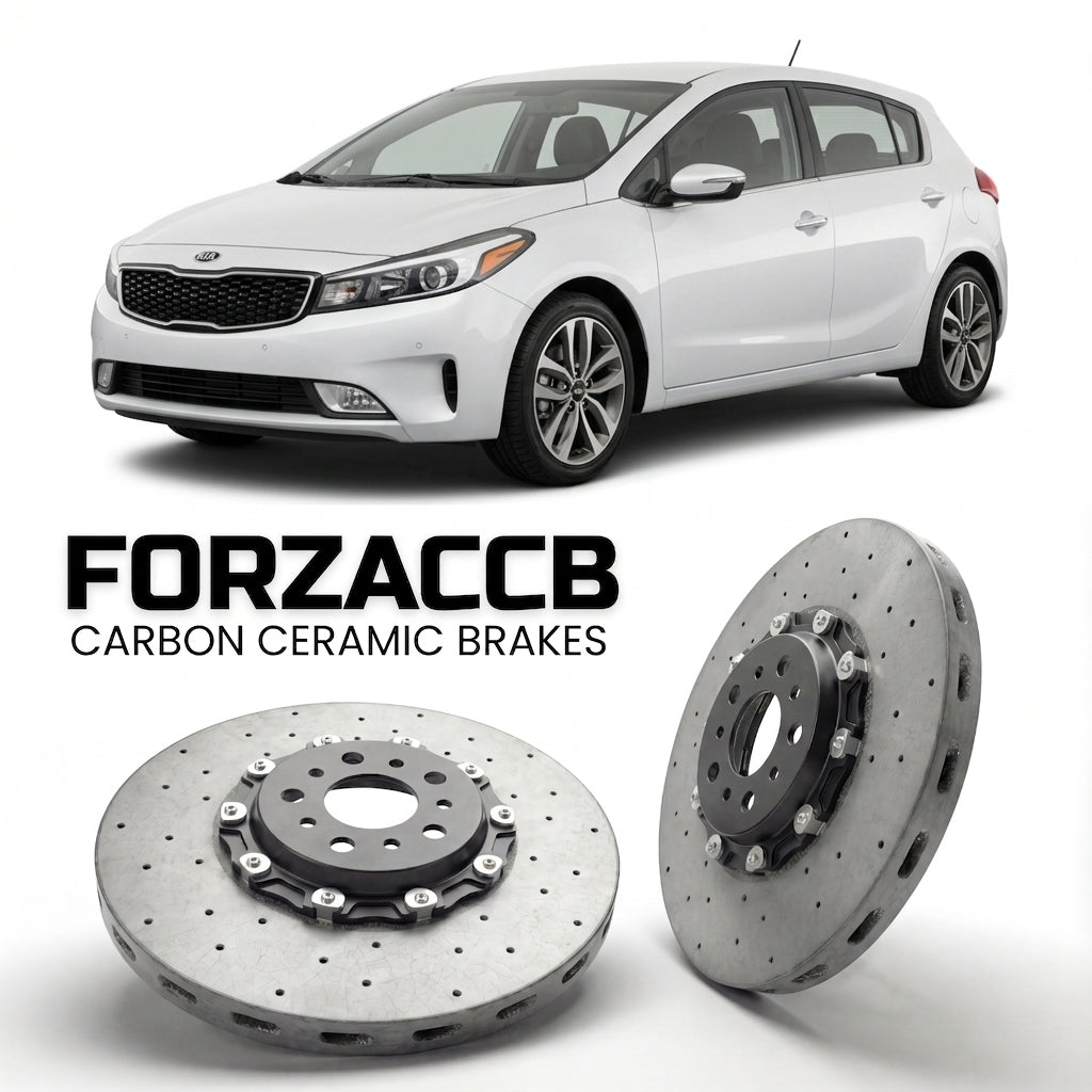 ForzaCCB direct OEM replacement carbon ceramic brake rotors for 2017-2018) Kia Forte Kia Forte5 II (facelift 2017 models, shown with a white Kia Forte car.