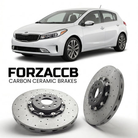 ForzaCCB direct OEM replacement carbon ceramic brake rotors for 2017-2018) Kia Forte Kia Forte5 II (facelift 2017 models, shown with a white Kia Forte car.