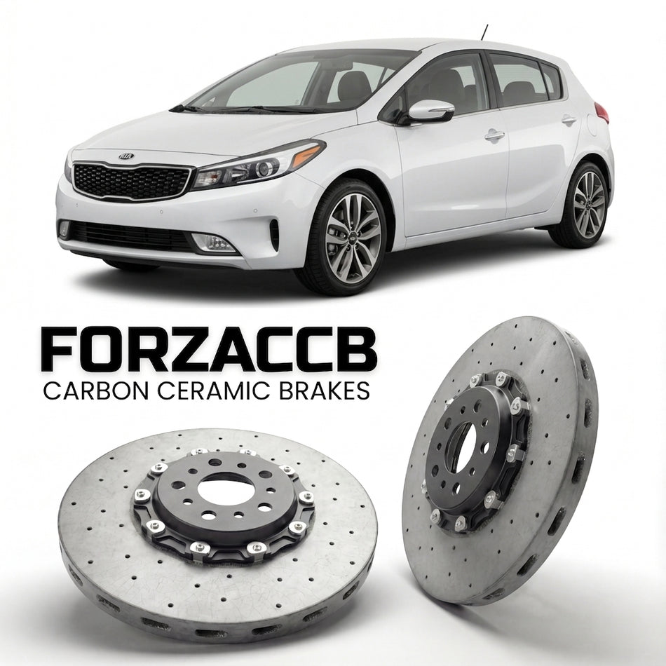ForzaCCB direct OEM replacement carbon ceramic brake rotors for 2017-2018) Kia Forte Kia Forte5 II (facelift 2017 models, shown with a white Kia Forte car.