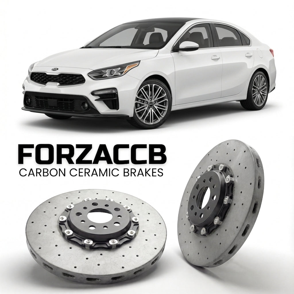 ForzaCCB direct OEM replacement carbon ceramic brake rotors for 2019 to 2021 Kia Forte III models, shown with a white Kia Forte car.