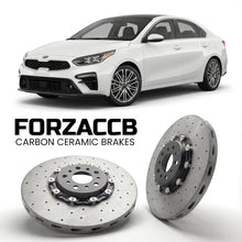 ForzaCCB direct OEM replacement carbon ceramic brake rotors for 2019 to 2021 Kia Forte III models, shown with a white Kia Forte car.