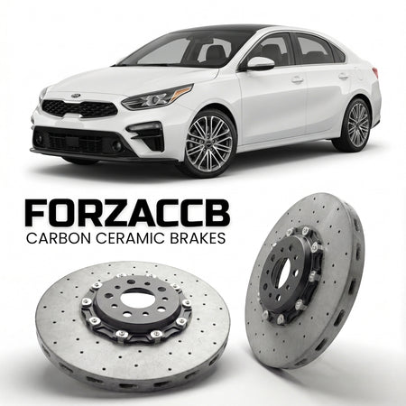 ForzaCCB direct OEM replacement carbon ceramic brake rotors for 2019 to 2021 Kia Forte III models, shown with a white Kia Forte car.