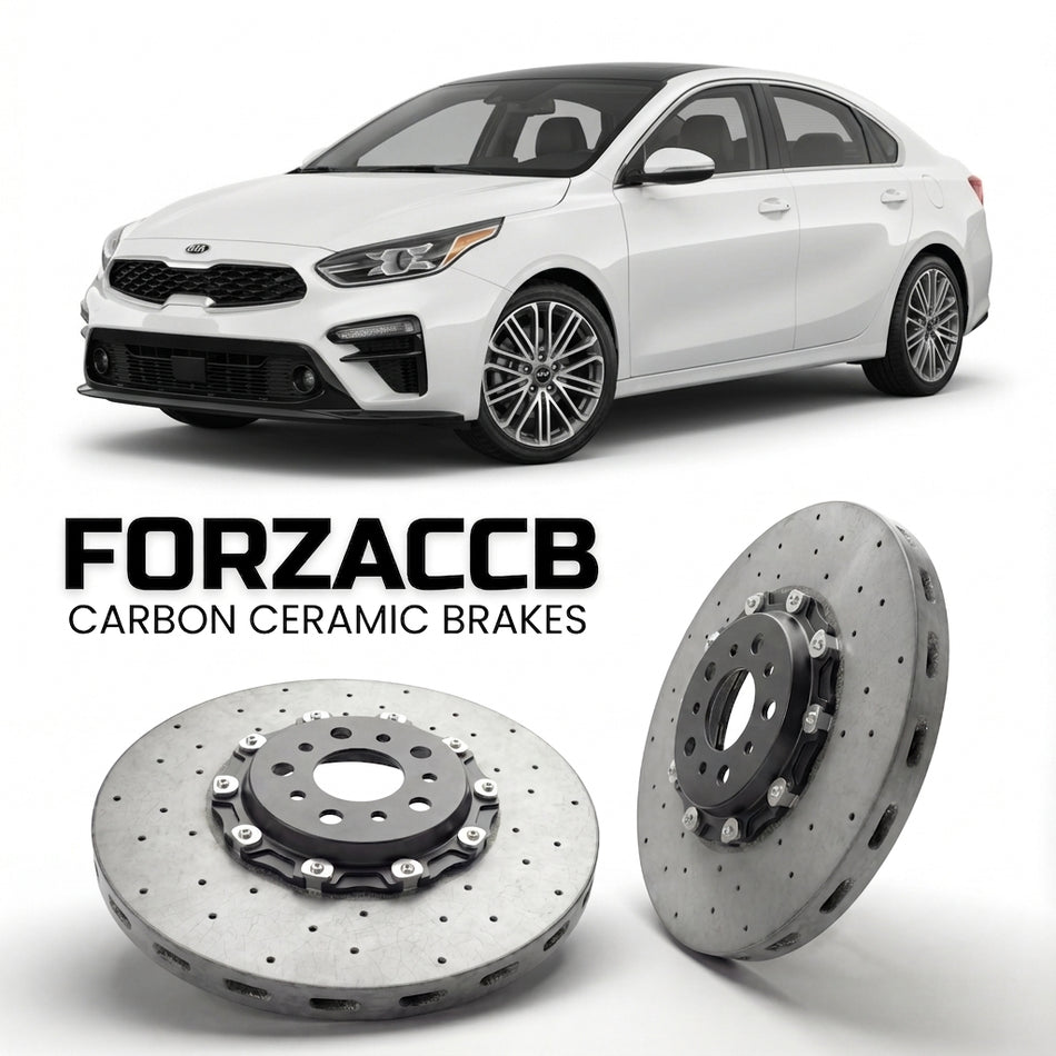 ForzaCCB direct OEM replacement carbon ceramic brake rotors for 2019 to 2021 Kia Forte III models, shown with a white Kia Forte car.