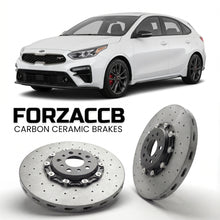 ForzaCCB direct OEM replacement carbon ceramic brake rotors for 2019 to 2021 Kia Forte Kia Forte5 III models, shown with a white Kia Forte car.