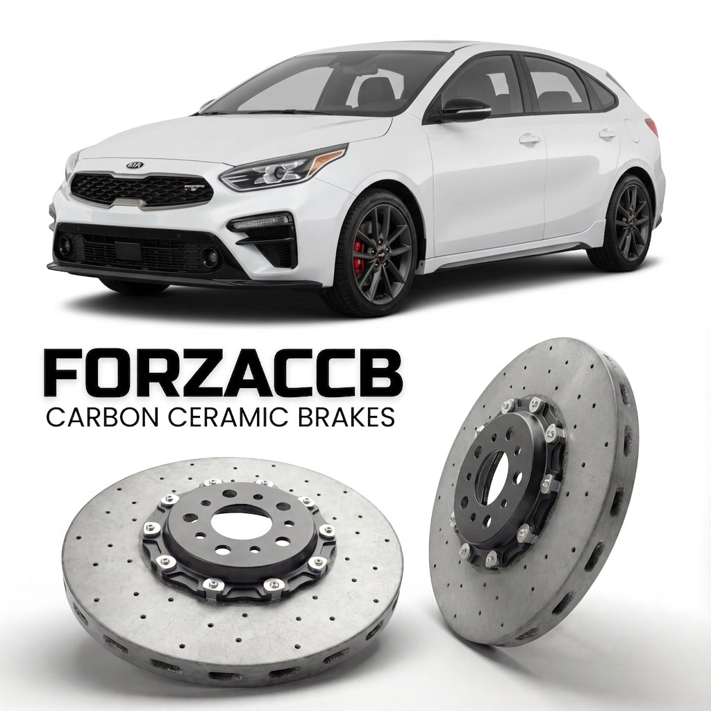 ForzaCCB direct OEM replacement carbon ceramic brake rotors for 2019 to 2021 Kia Forte Kia Forte5 III models, shown with a white Kia Forte car.