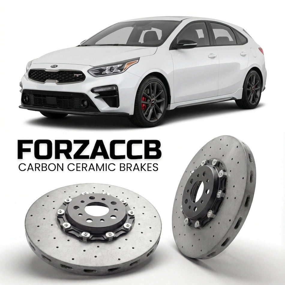 ForzaCCB direct OEM replacement carbon ceramic brake rotors for 2019 to 2021 Kia Forte Kia Forte5 III models, shown with a white Kia Forte car.