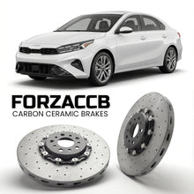 ForzaCCB direct OEM replacement carbon ceramic brake rotors for 2021+) Kia Forte III (facelift 2021 models, shown with a white Kia Forte car.