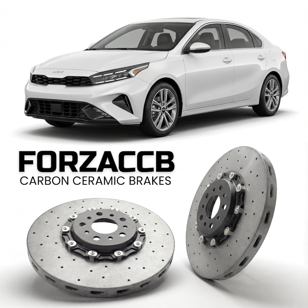 ForzaCCB direct OEM replacement carbon ceramic brake rotors for 2021+) Kia Forte III (facelift 2021 models, shown with a white Kia Forte car.