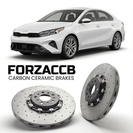 ForzaCCB direct OEM replacement carbon ceramic brake rotors for 2021+) Kia Forte III (facelift 2021 models, shown with a white Kia Forte car.