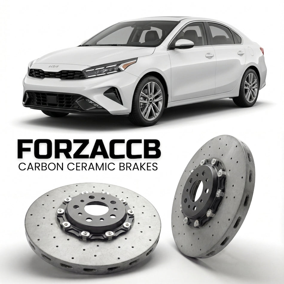 ForzaCCB direct OEM replacement carbon ceramic brake rotors for 2021+) Kia Forte III (facelift 2021 models, shown with a white Kia Forte car.