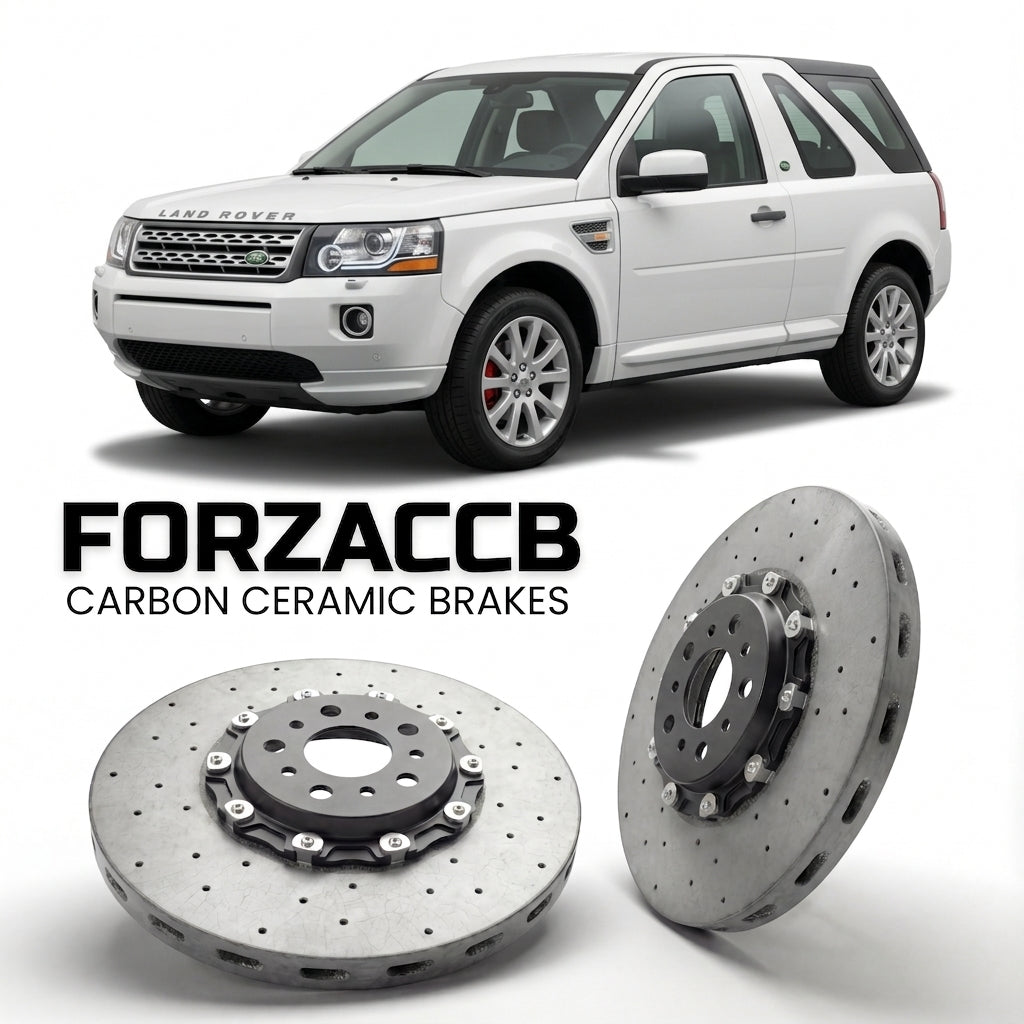 ForzaCCB direct OEM replacement carbon ceramic brake rotors for 2005 to 2006 Land Rover Freelander I Hard Top models, shown with a white Land Rover Freelander car.