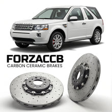 ForzaCCB direct OEM replacement carbon ceramic brake rotors for 2005 to 2006 Land Rover Freelander I Hard Top models, shown with a white Land Rover Freelander car.