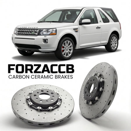 ForzaCCB direct OEM replacement carbon ceramic brake rotors for 2005 to 2006 Land Rover Freelander I Hard Top models, shown with a white Land Rover Freelander car.