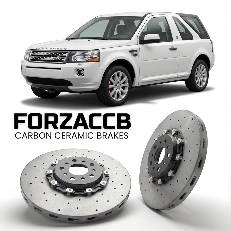 ForzaCCB direct OEM replacement carbon ceramic brake rotors for 2005 to 2006 Land Rover Freelander I Hard Top models, shown with a white Land Rover Freelander car.