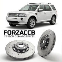 ForzaCCB direct OEM replacement carbon ceramic brake rotors for 2005-2006) Land Rover Freelander I (LN models, shown with a white Land Rover Freelander car.