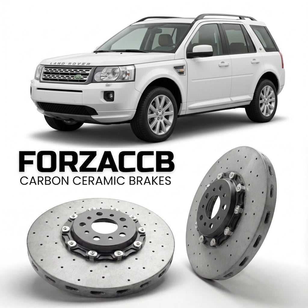 ForzaCCB direct OEM replacement carbon ceramic brake rotors for 2005-2006) Land Rover Freelander I (LN models, shown with a white Land Rover Freelander car.