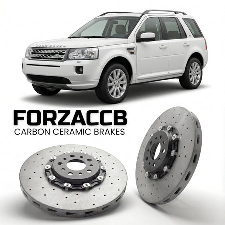 ForzaCCB direct OEM replacement carbon ceramic brake rotors for 2005-2006) Land Rover Freelander I (LN models, shown with a white Land Rover Freelander car.