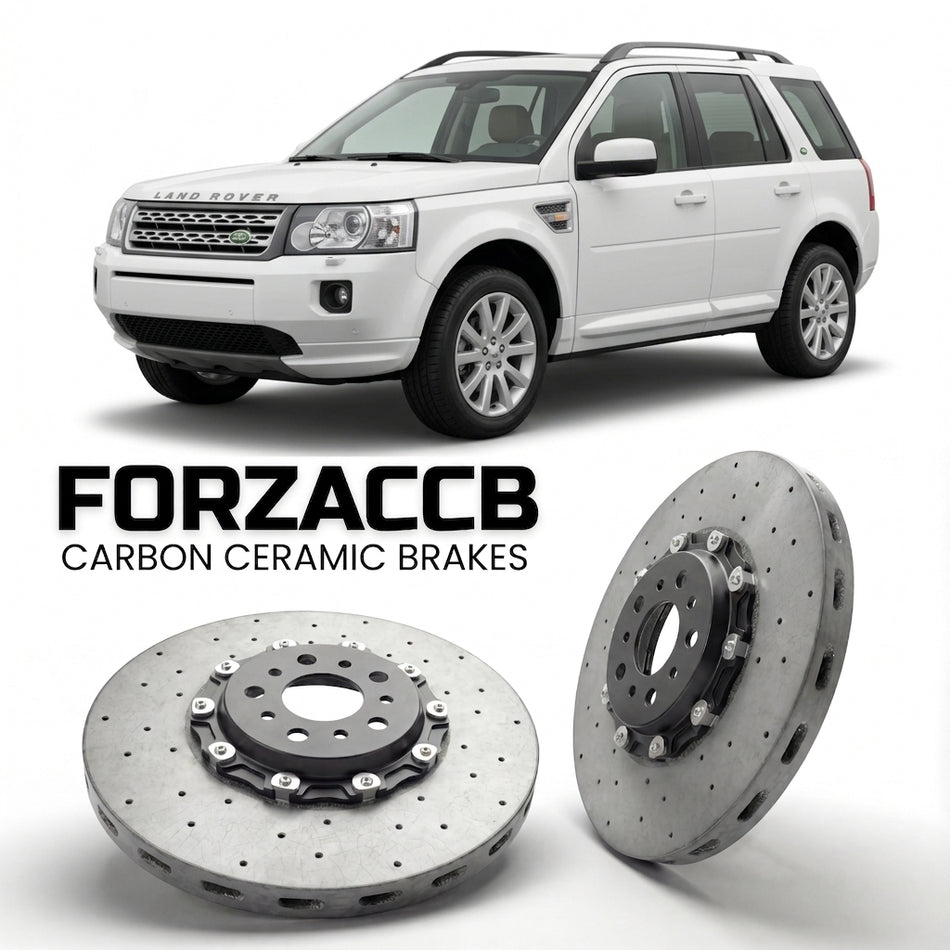 ForzaCCB direct OEM replacement carbon ceramic brake rotors for 2005-2006) Land Rover Freelander I (LN models, shown with a white Land Rover Freelander car.