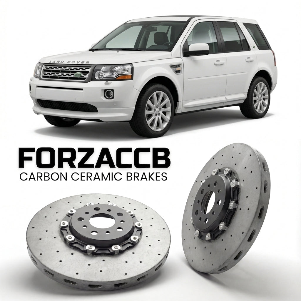 ForzaCCB direct OEM replacement carbon ceramic brake rotors for 2005 to 2006 Land Rover Freelander I Soft Top models, shown with a white Land Rover Freelander car.