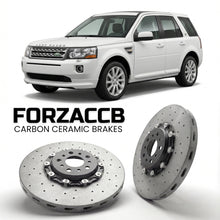 ForzaCCB direct OEM replacement carbon ceramic brake rotors for 2005 to 2006 Land Rover Freelander I Soft Top models, shown with a white Land Rover Freelander car.